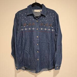 Vintage Casey and Max Denim Shirt Christmas Womens Medium Embroidered Reindeer
